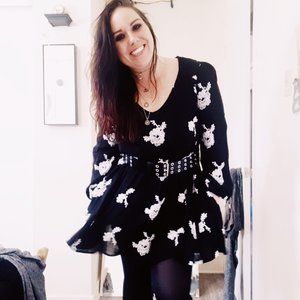 Free People black white embroidered c neck tunic/dress women's size L fits M